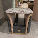 Marble-Top Sofa Side Table with Curved Beige Side Panels, Dark Textured Cabinet Body and Single Storage Drawer
